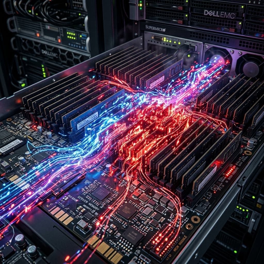 Detalhe macro de placas eletrônicas e módulos de memória com iluminação técnica em datacenter