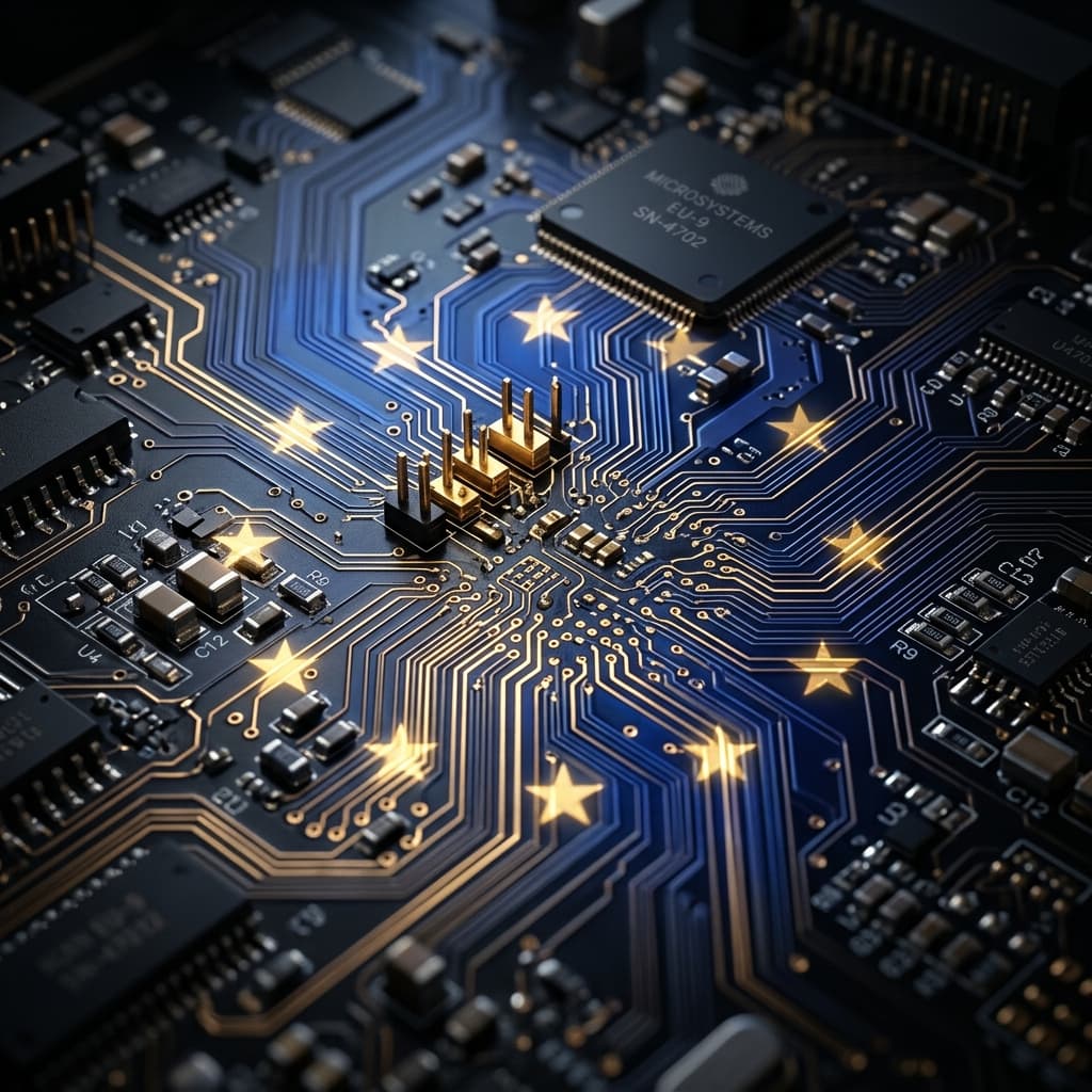 Detalhe de circuito eletrônico metálico sutilmente iluminado com as cores da União Europeia