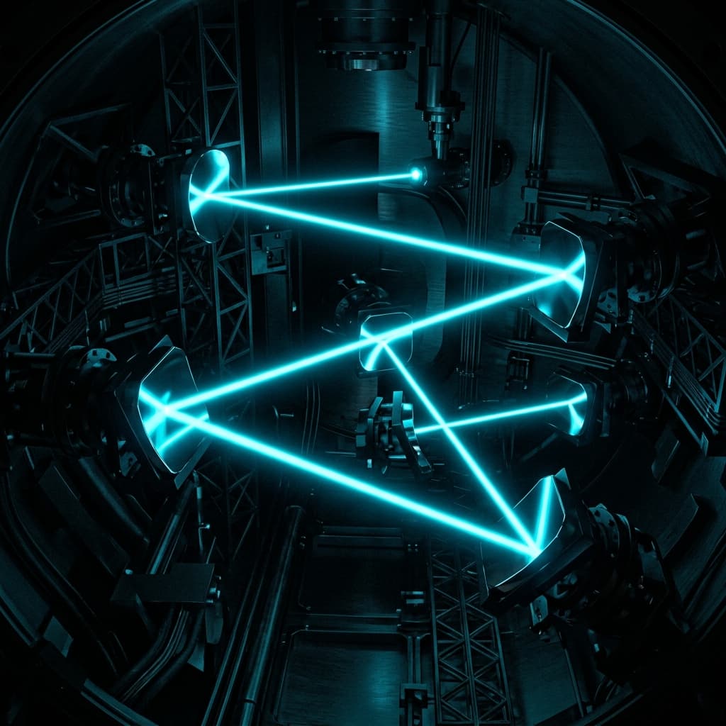 Representação conceitual abstrata de espelhos ópticos refletindo feixes de luz laser de alta precisão