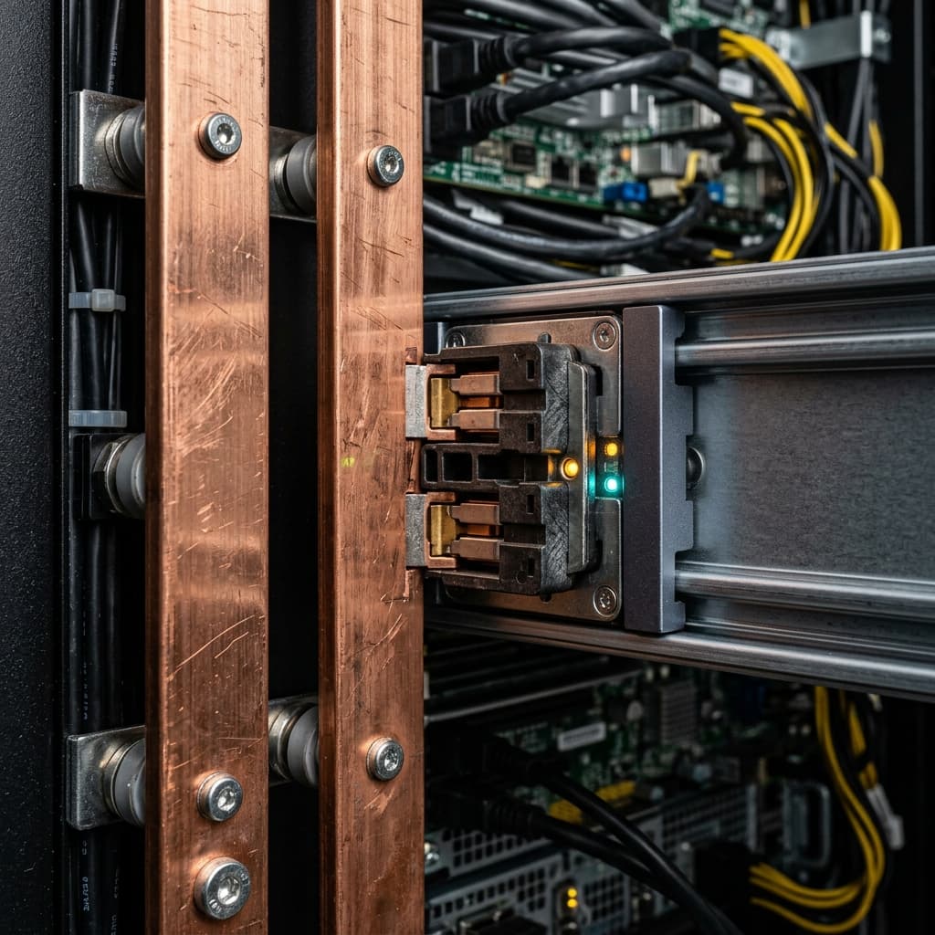 Conectores de acoplamento cego inseridos no barramento metálico de alimentação vertical traseira do rack
