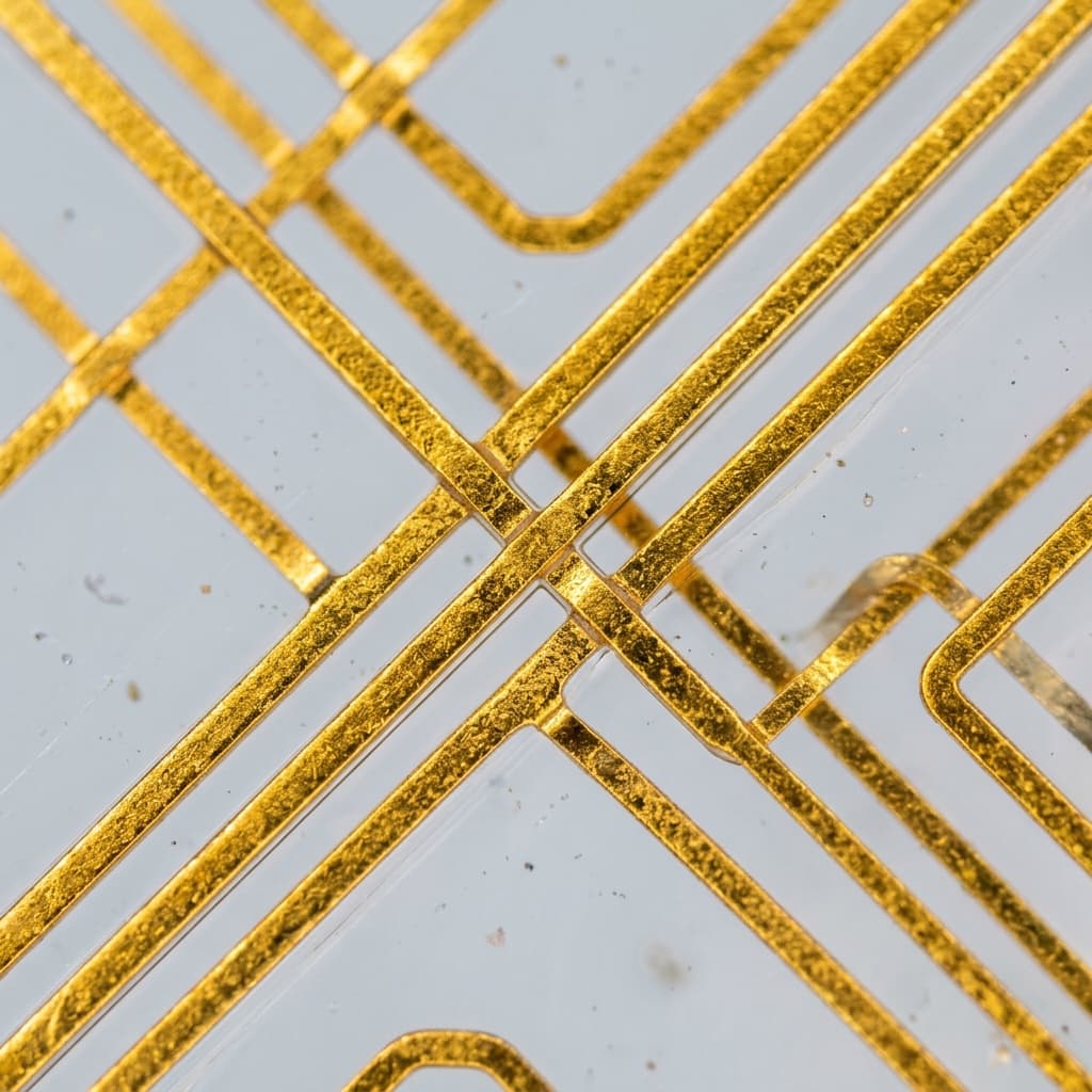 Visão microscópica de conexões douradas e micro-vias TGV atravessando a camada de vidro sob iluminação de laboratório
