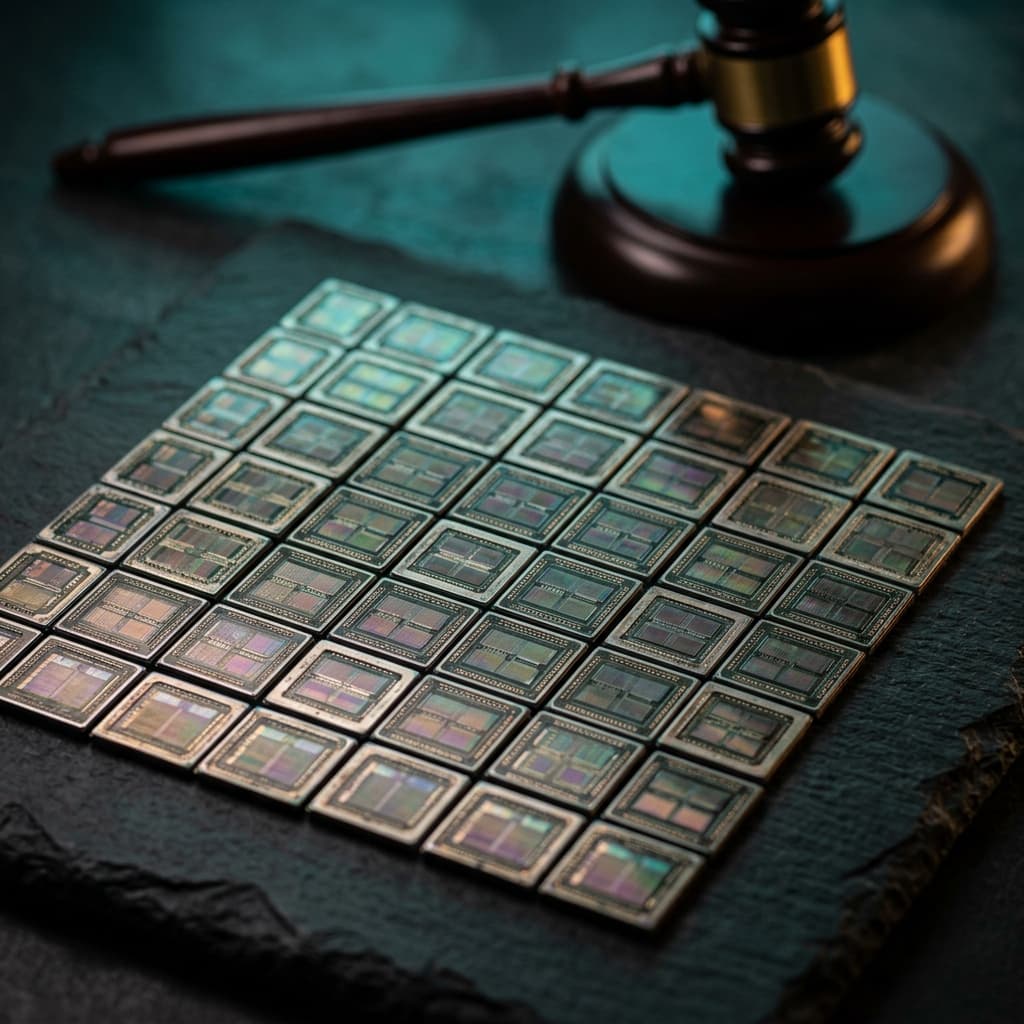 Detalhe macro de pastilhas de silício semicondutoras expostas em padrão geométrico com martelo de julgamento de fundo