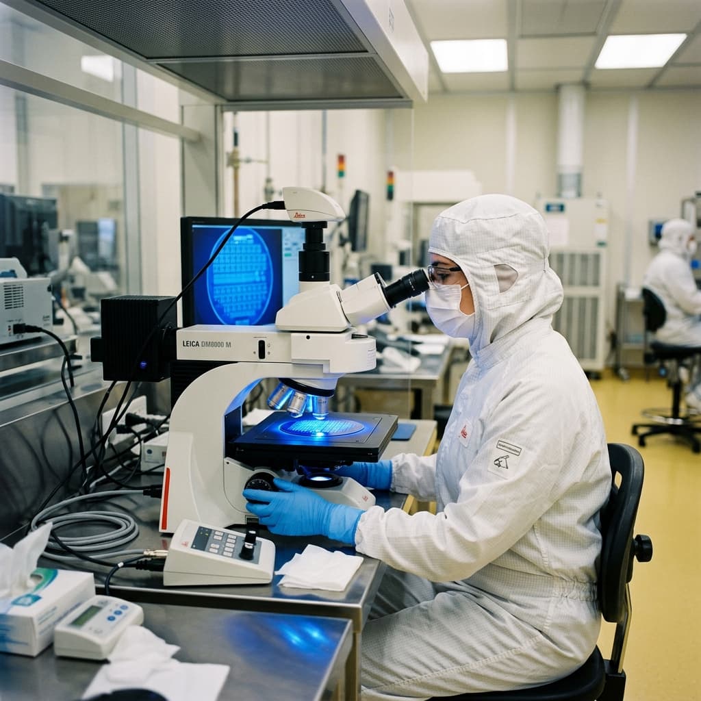 Engenheiro de sala limpa inspecionando wafer fotônico sob iluminação de teste de alta precisão