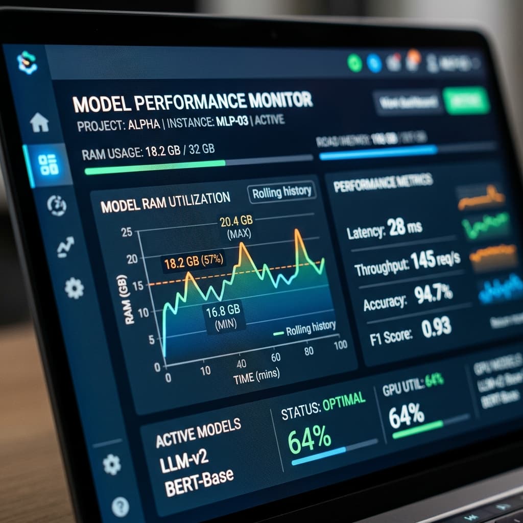Desenvolvedor monitorando as métricas de latência e consumo de RAM de um modelo de linguagem rodando na rede local