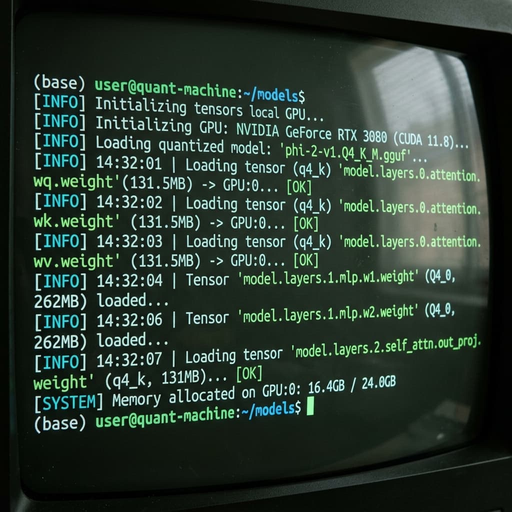 Interface de linha de comando exibindo o carregamento e a latência de geração de um modelo quantizado localmente