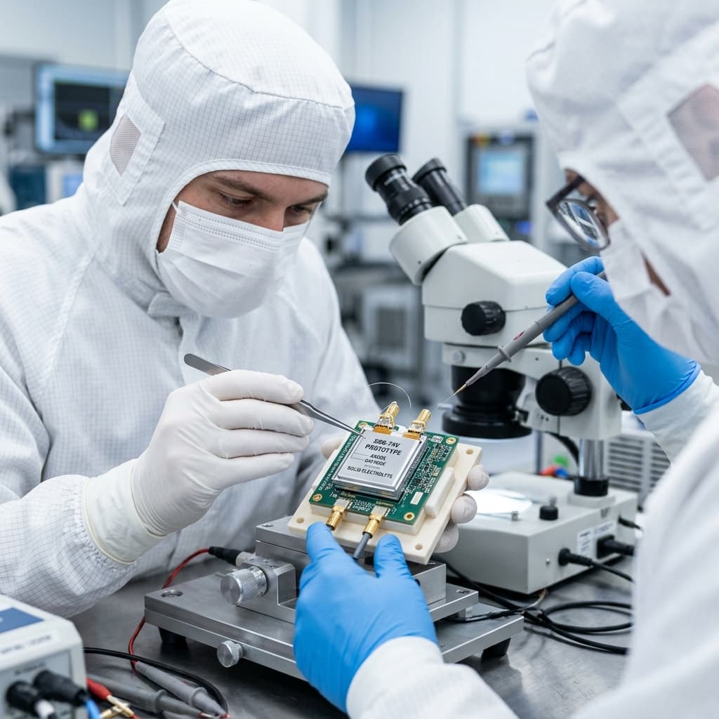 Engenheiros químicos de jaleco branco analisando amostras moleculares de protótipo de eletrólito em ambiente limpo de laboratório