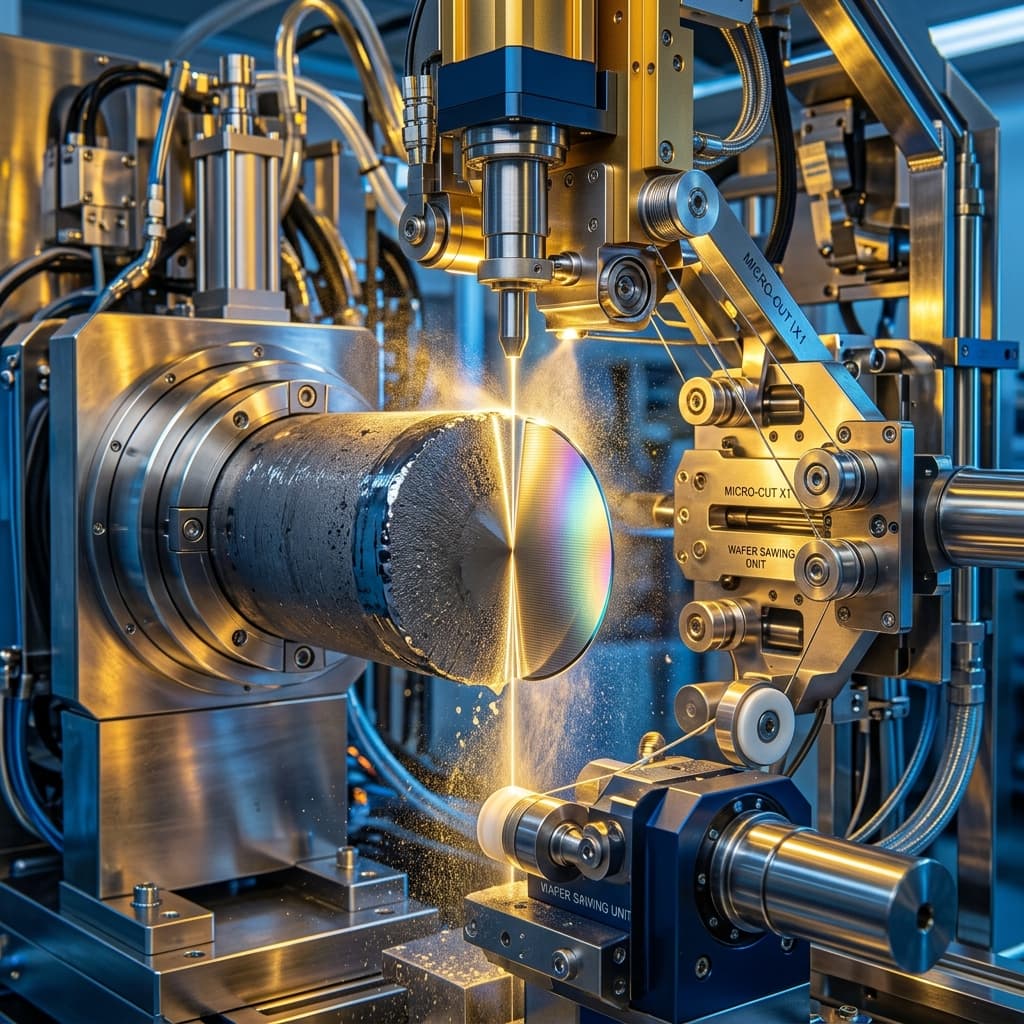 Detalhe de wafer de silício sendo fatiado em pastilhas individuais em maquinário automatizado de semicondutores