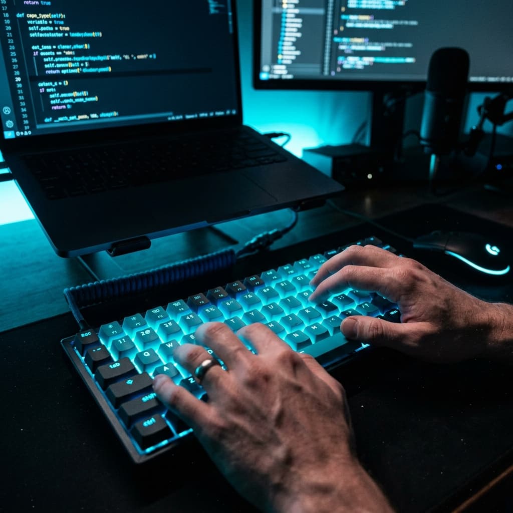 Programador trabalhando em ambiente escuro com luz ciano focando na codificação e teste de modelos locais